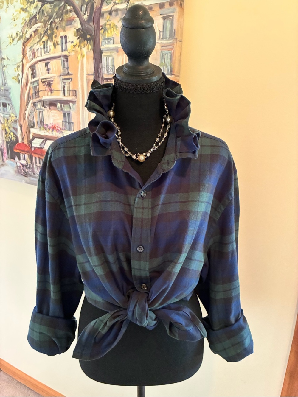 Charles Tyrwhitt Navy and Green Plaid Ruffle-Collar Button-Down Top